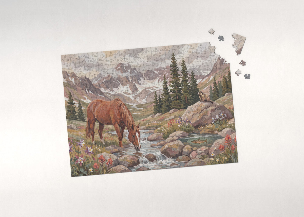 Horse Drinking at the Mountain Stream jigsaw puzzle - puzzle with loose pieces