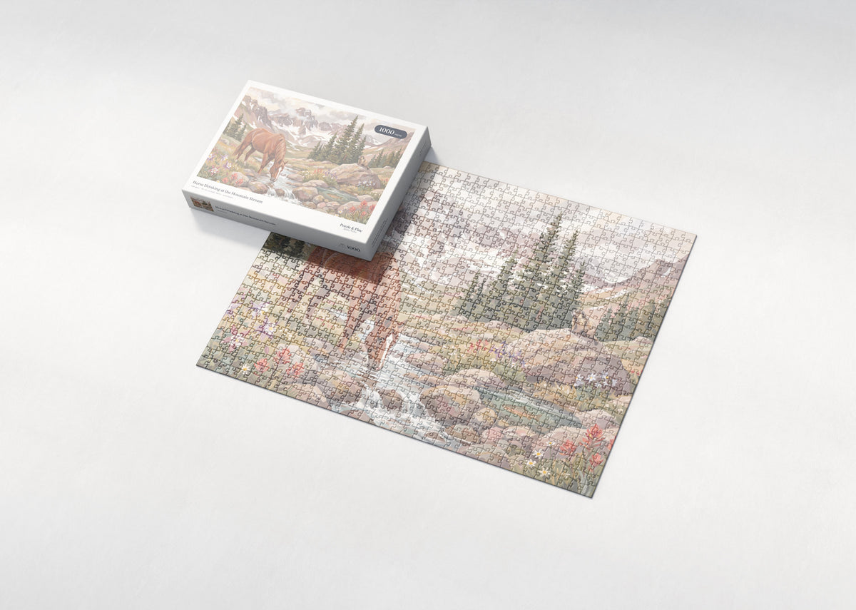 Horse Drinking at the Mountain Stream jigsaw puzzle - box and puzzle