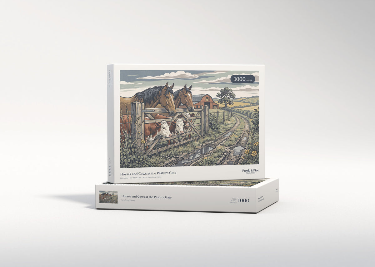 Horses and Cows at the Pasture Gate jigsaw puzzle - gift box