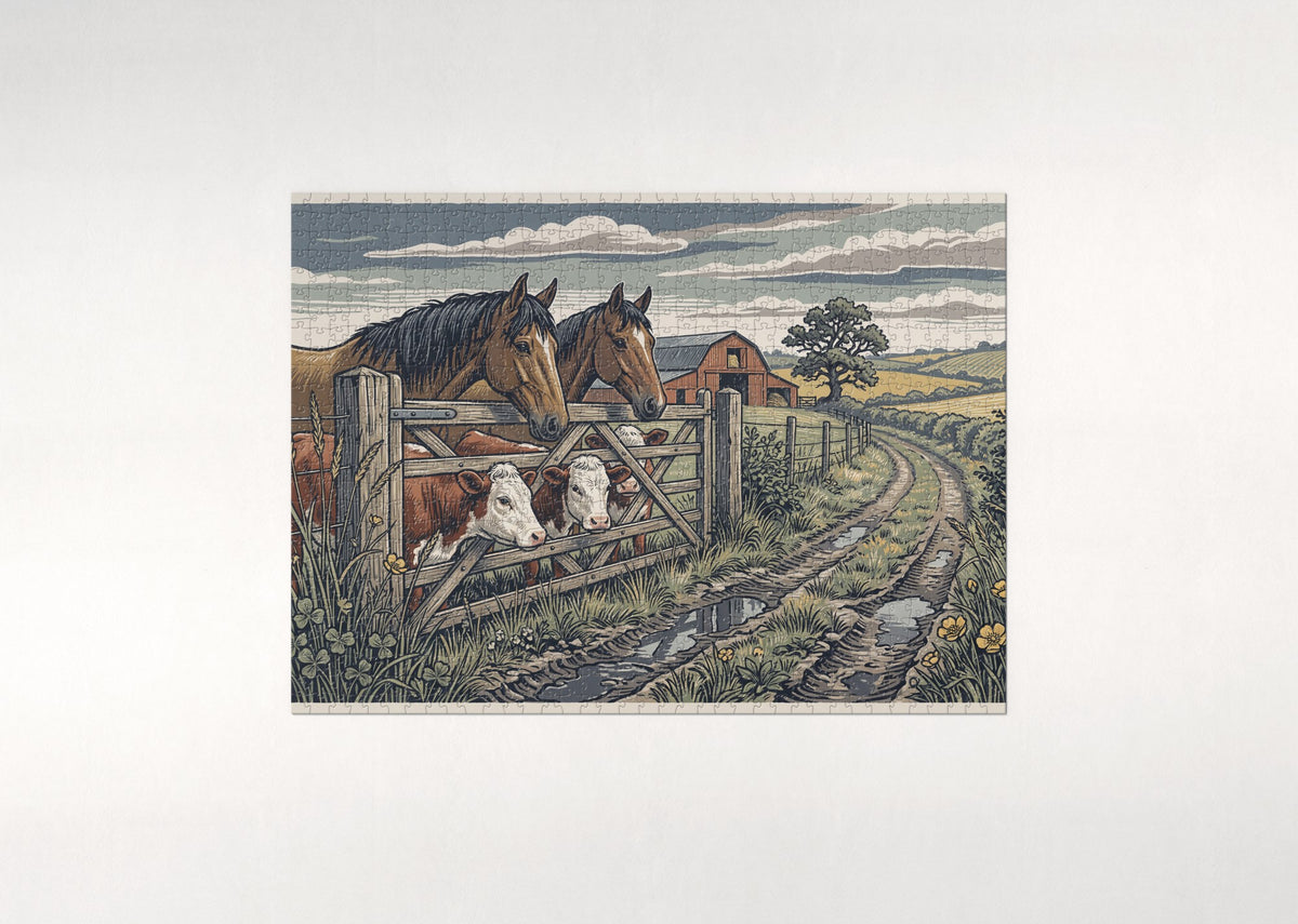 Horses and Cows at the Pasture Gate jigsaw puzzle - flat puzzle