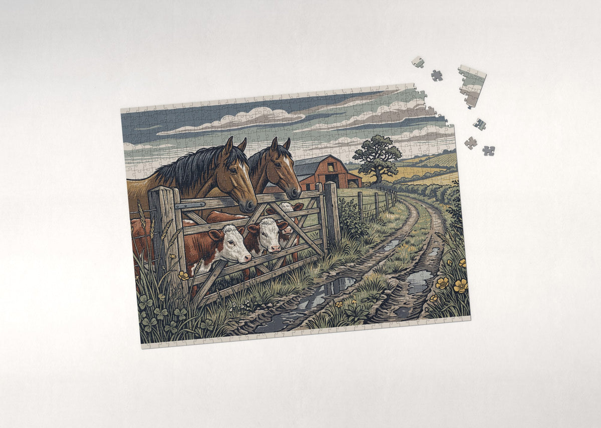 Horses and Cows at the Pasture Gate jigsaw puzzle - puzzle with loose pieces
