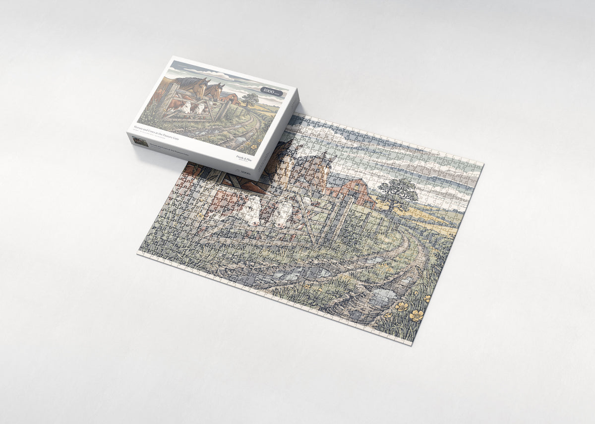 Horses and Cows at the Pasture Gate jigsaw puzzle - box and puzzle
