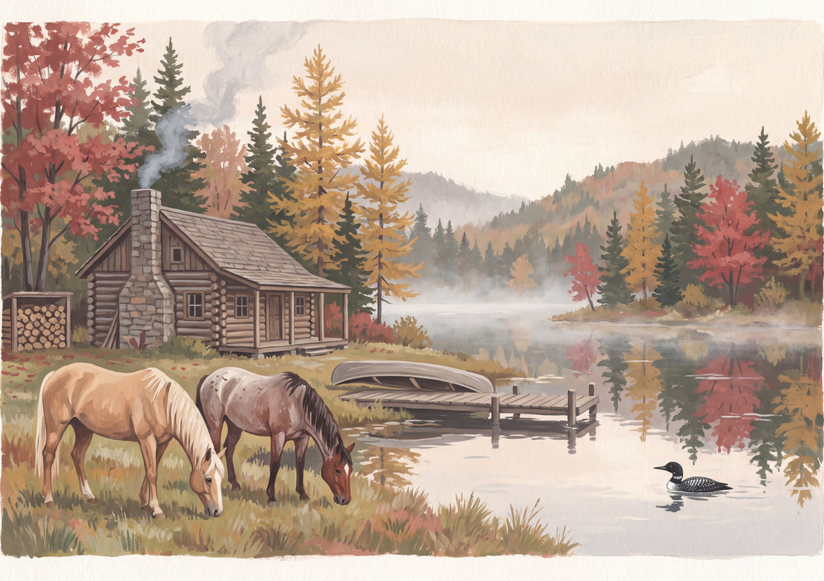 Horses at the Lakeside Cabin in Autumn jigsaw puzzle