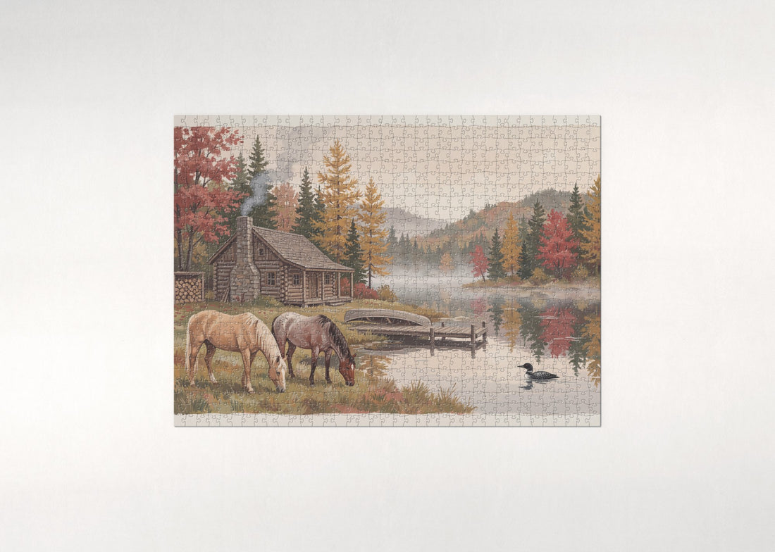 Horses at the Lakeside Cabin in Autumn jigsaw puzzle - gift box