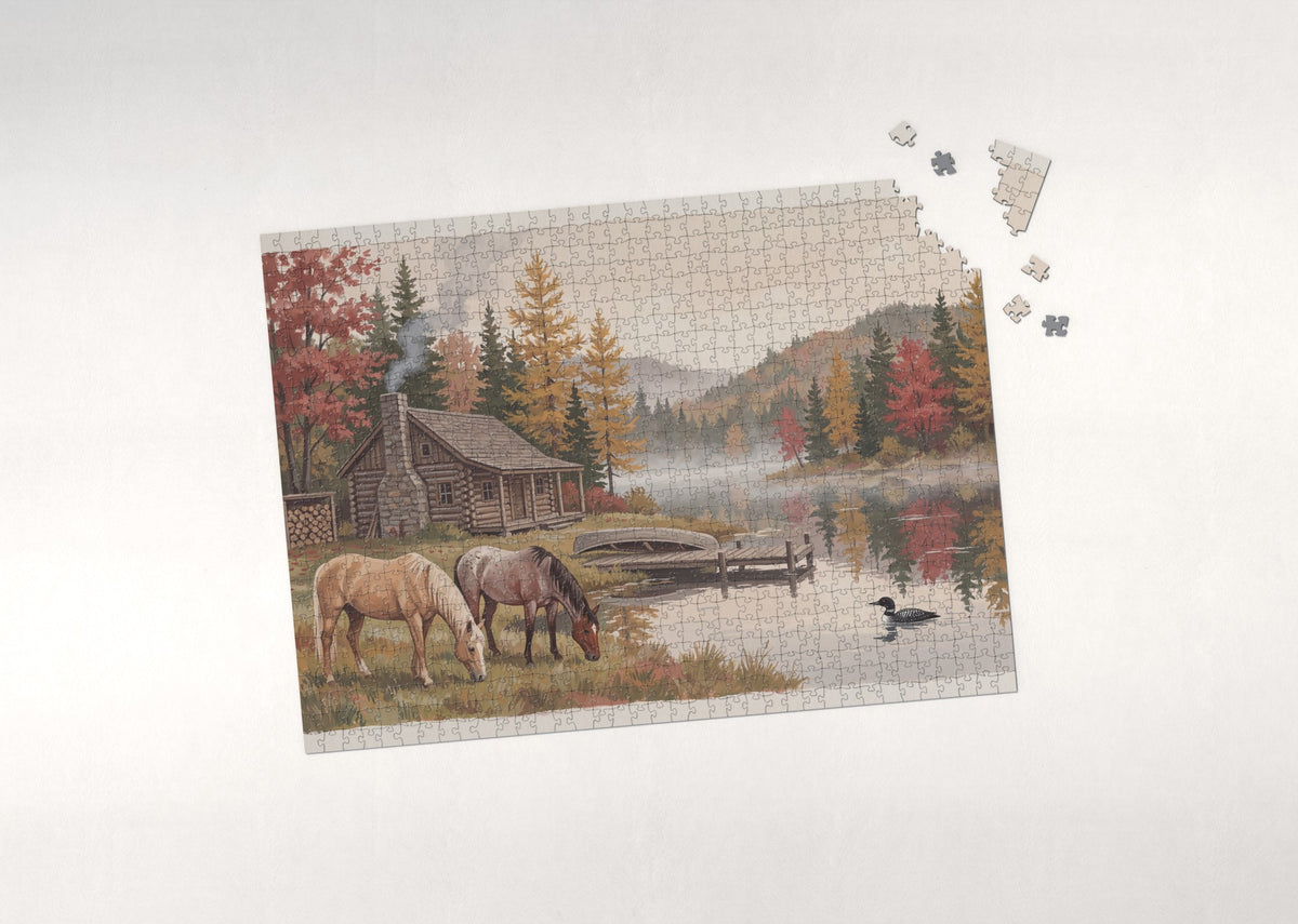 Horses at the Lakeside Cabin in Autumn jigsaw puzzle - puzzle with loose pieces