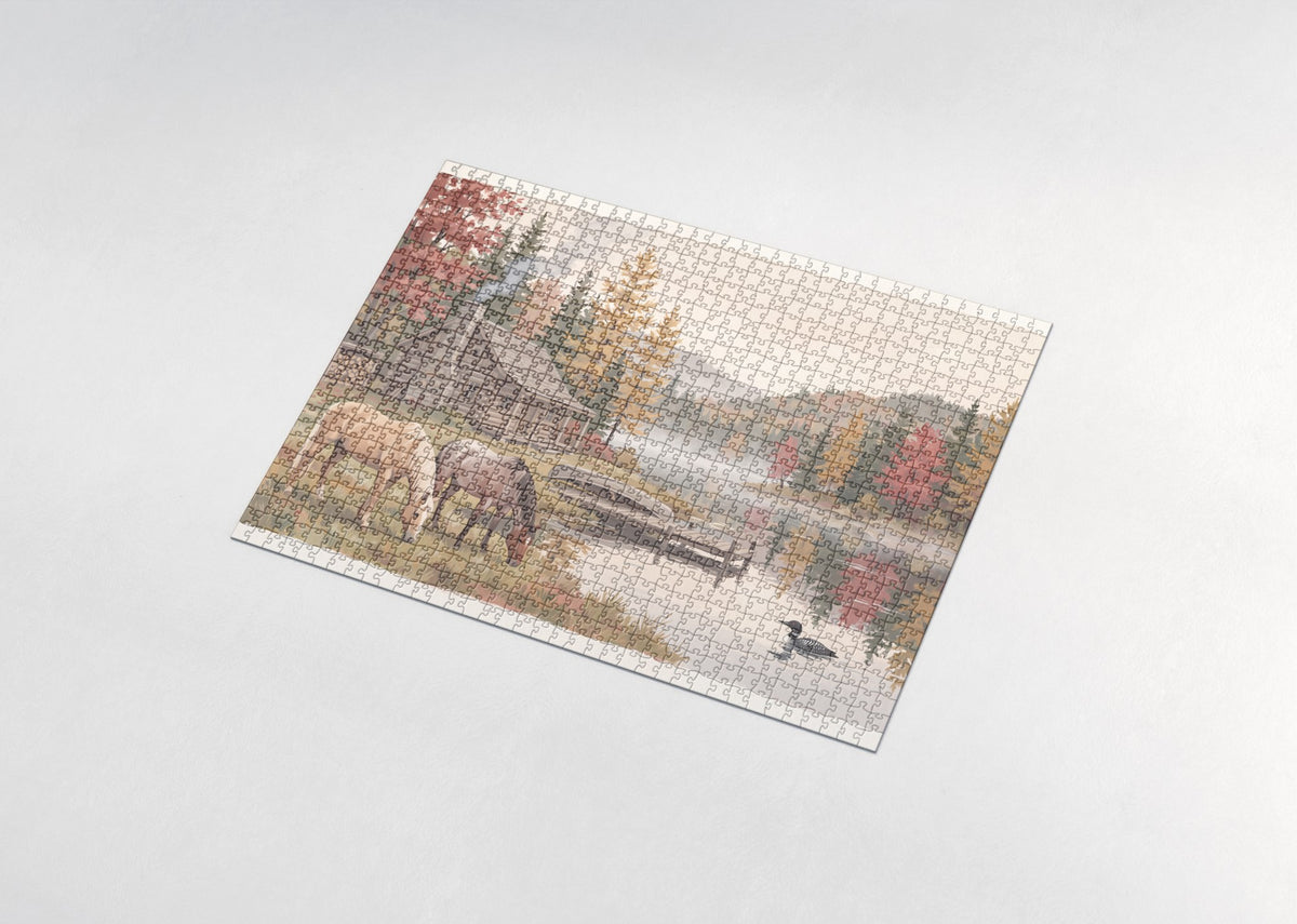 Horses at the Lakeside Cabin in Autumn jigsaw puzzle - assembled puzzle