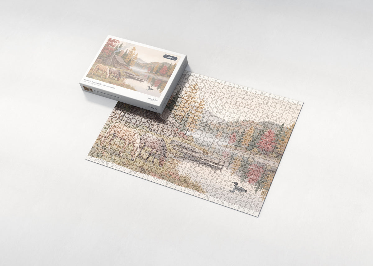 Horses at the Lakeside Cabin in Autumn jigsaw puzzle - box and puzzle