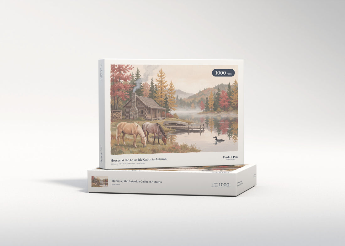 Horses at the Lakeside Cabin in Autumn jigsaw puzzle - gift box