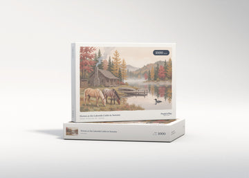 Horses at the Lakeside Cabin in Autumn jigsaw puzzle - gift box