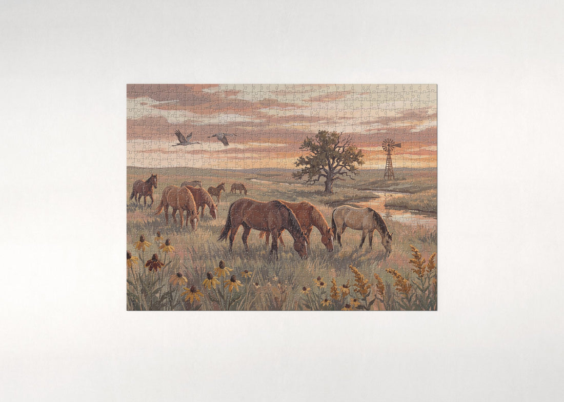 Horses Grazing at Sunset on the Prairie jigsaw puzzle - gift box