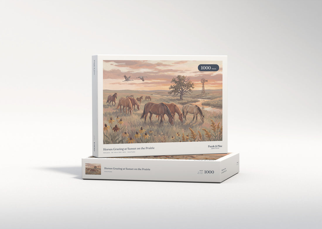 Horses Grazing at Sunset on the Prairie jigsaw puzzle - gift box