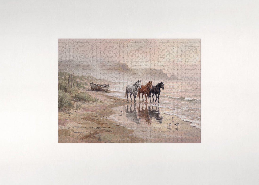 Horses on the Misty Beach at Dawn jigsaw puzzle - gift box