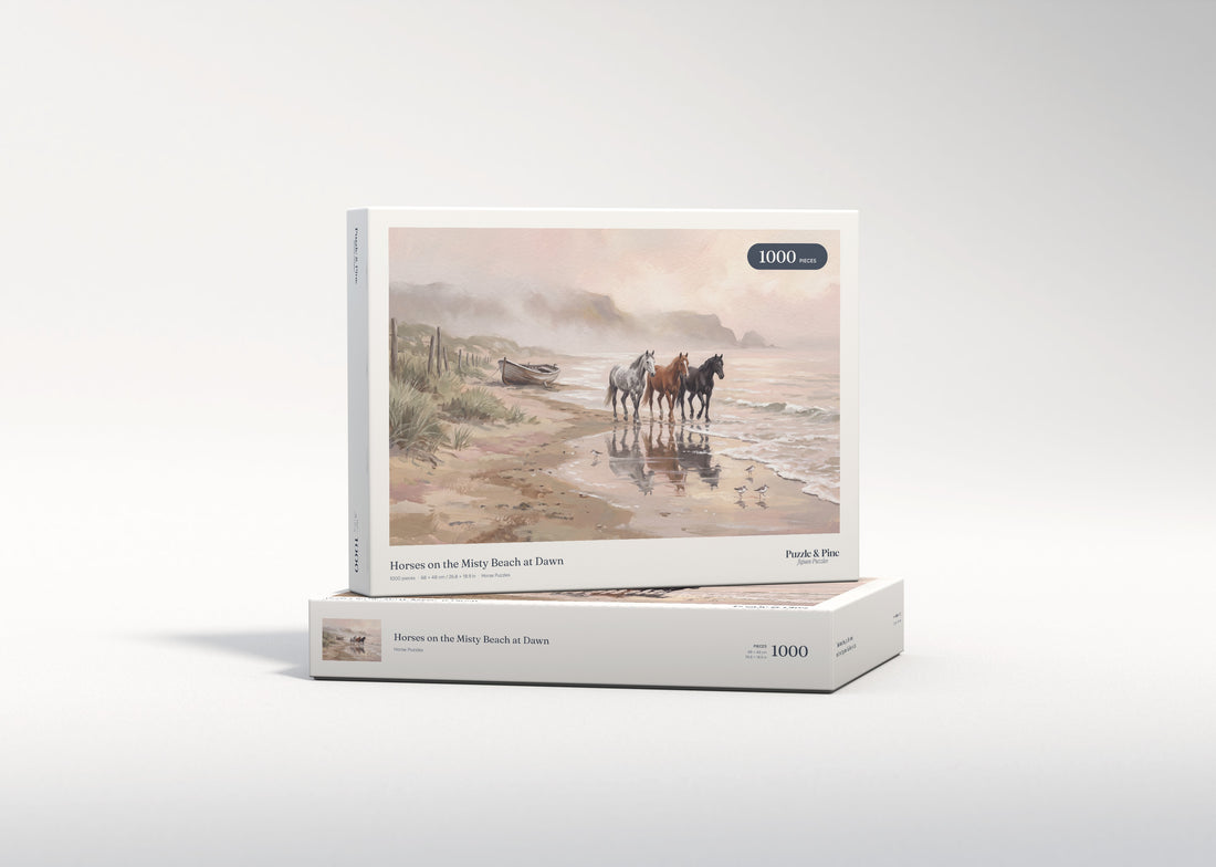 Horses on the Misty Beach at Dawn jigsaw puzzle - gift box