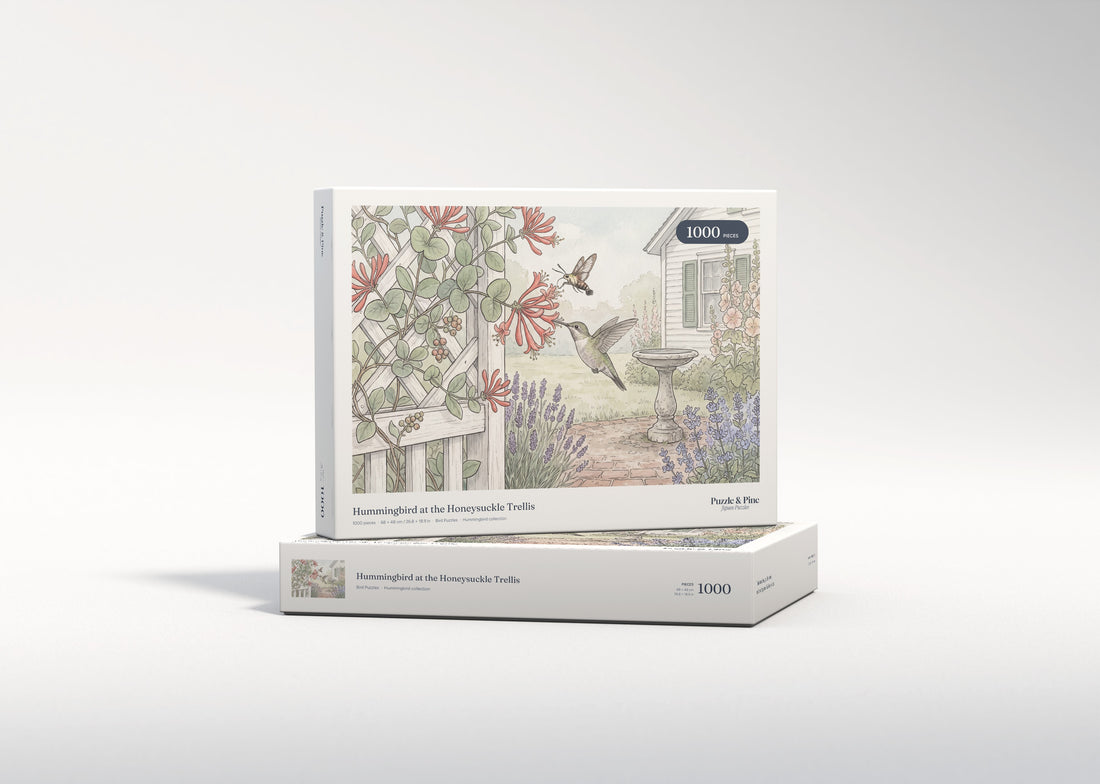 Hummingbird at the Honeysuckle Trellis jigsaw puzzle - gift box