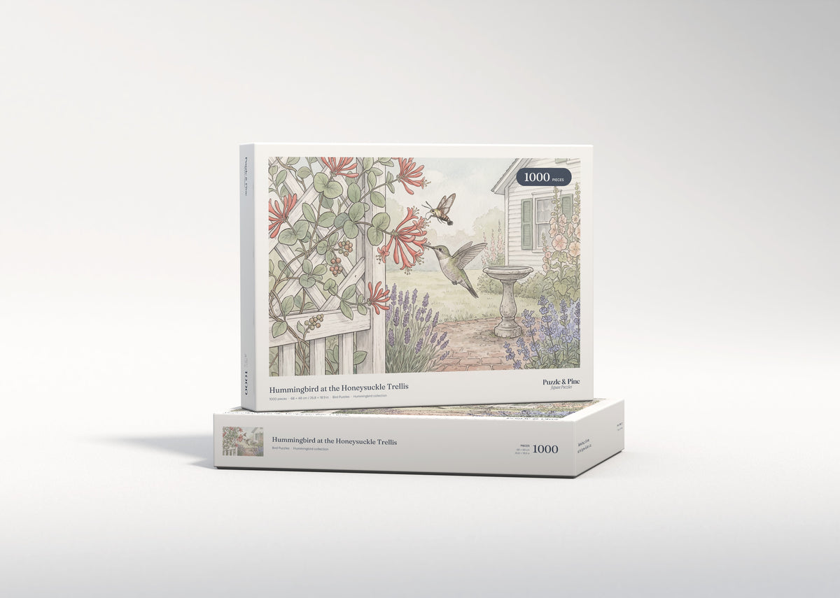 Hummingbird at the Honeysuckle Trellis jigsaw puzzle - gift box