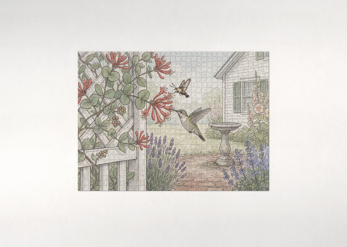 Hummingbird at the Honeysuckle Trellis jigsaw puzzle - flat puzzle