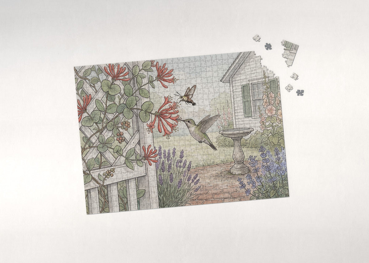 Hummingbird at the Honeysuckle Trellis jigsaw puzzle - puzzle with loose pieces