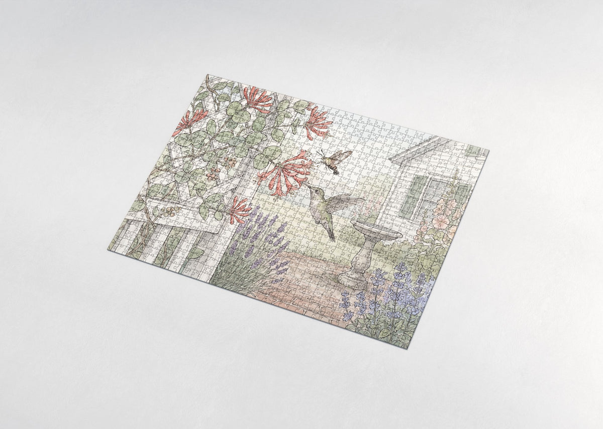 Hummingbird at the Honeysuckle Trellis jigsaw puzzle - assembled puzzle