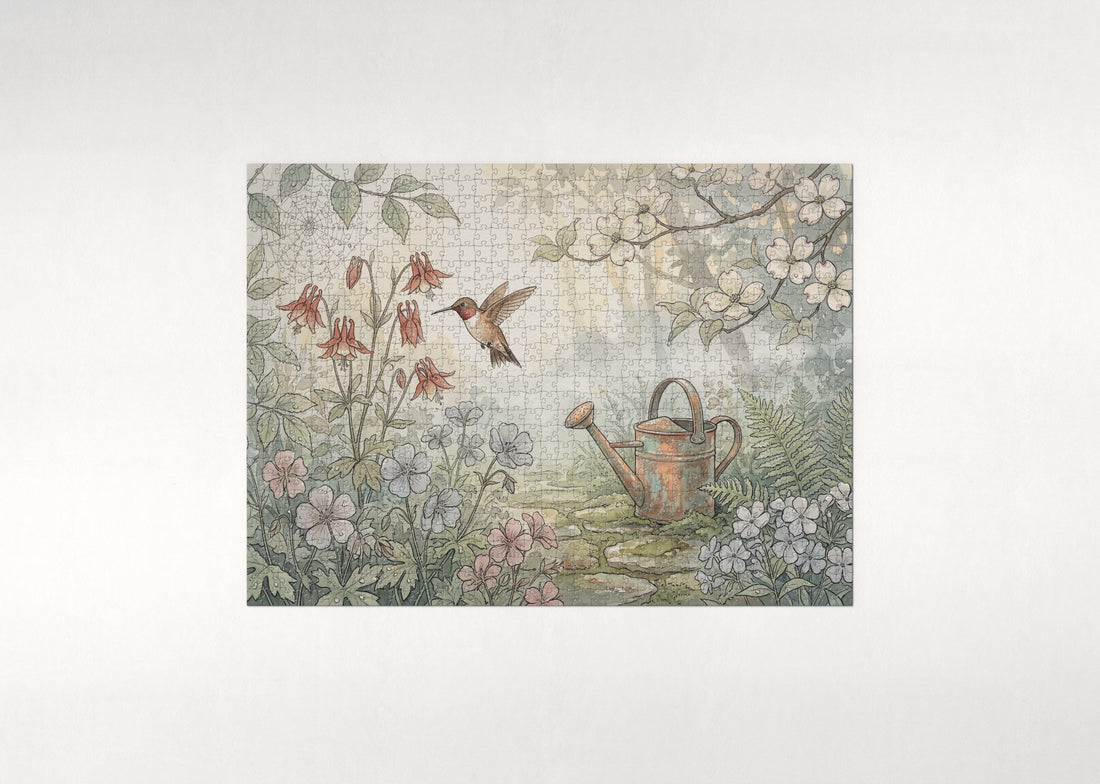 Hummingbird in the Morning Dew Garden jigsaw puzzle - gift box