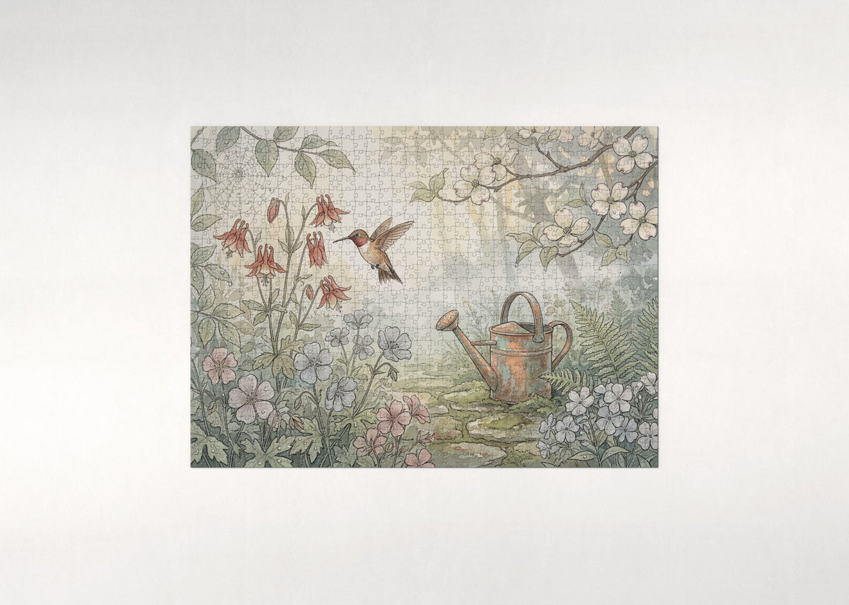 Hummingbird in the Morning Dew Garden jigsaw puzzle - flat puzzle