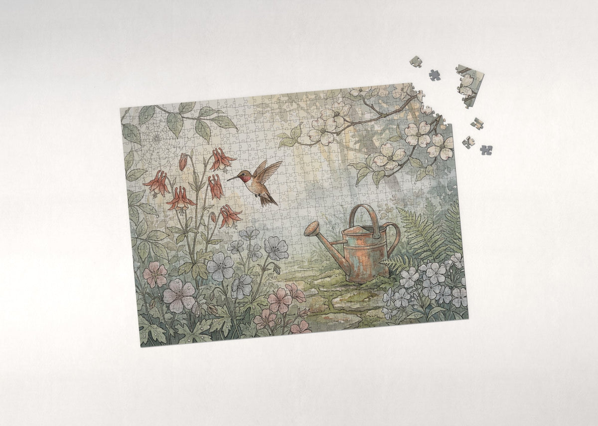 Hummingbird in the Morning Dew Garden jigsaw puzzle - puzzle with loose pieces
