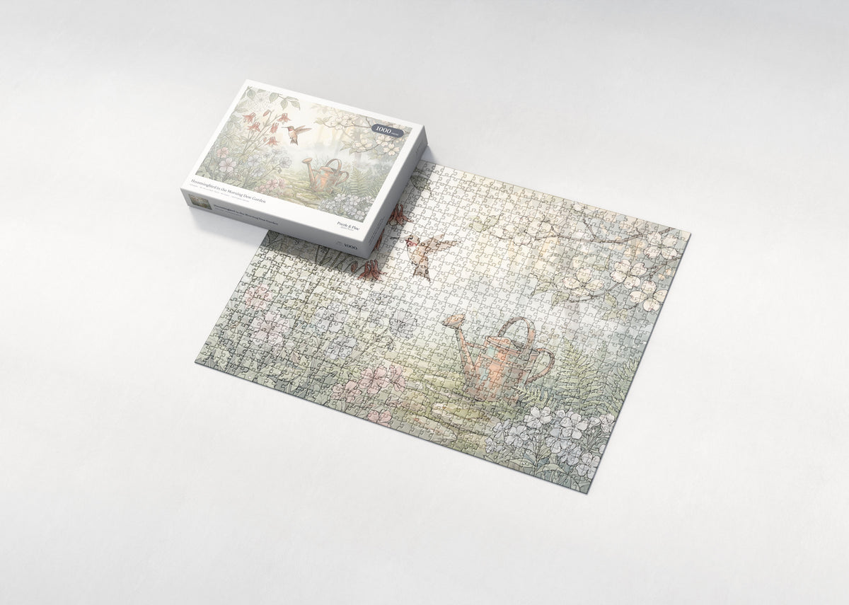 Hummingbird in the Morning Dew Garden jigsaw puzzle - box and puzzle