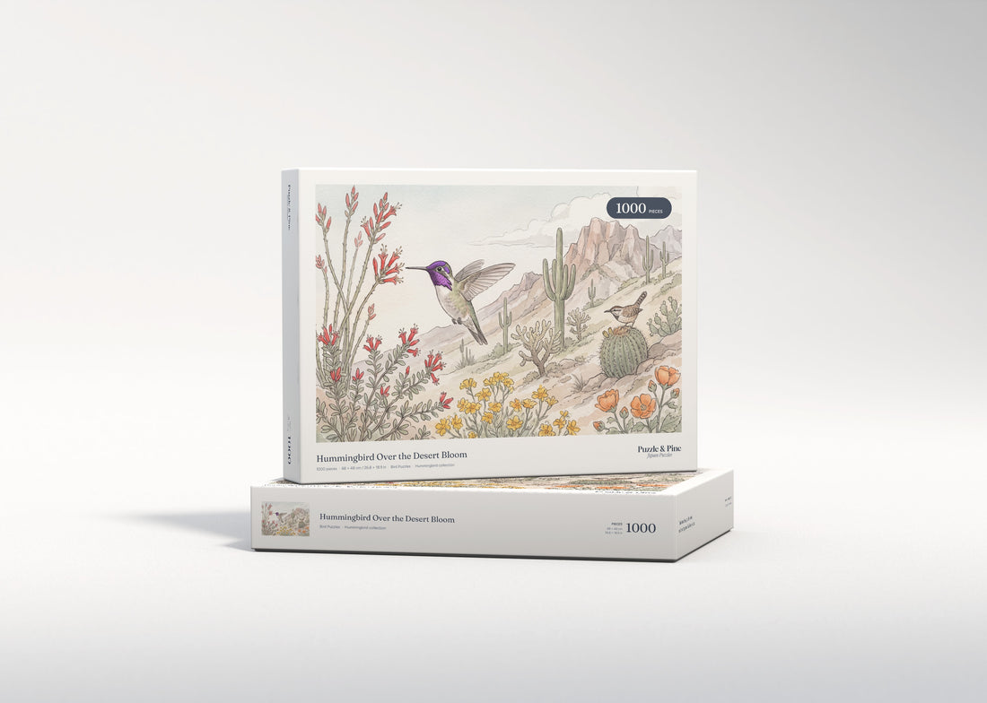 Hummingbird Over the Desert Bloom jigsaw puzzle - gift box