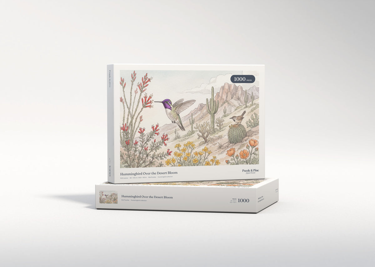 Hummingbird Over the Desert Bloom jigsaw puzzle - gift box