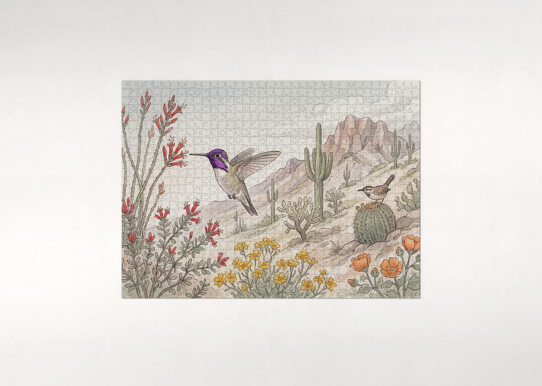 Hummingbird Over the Desert Bloom jigsaw puzzle - gift box