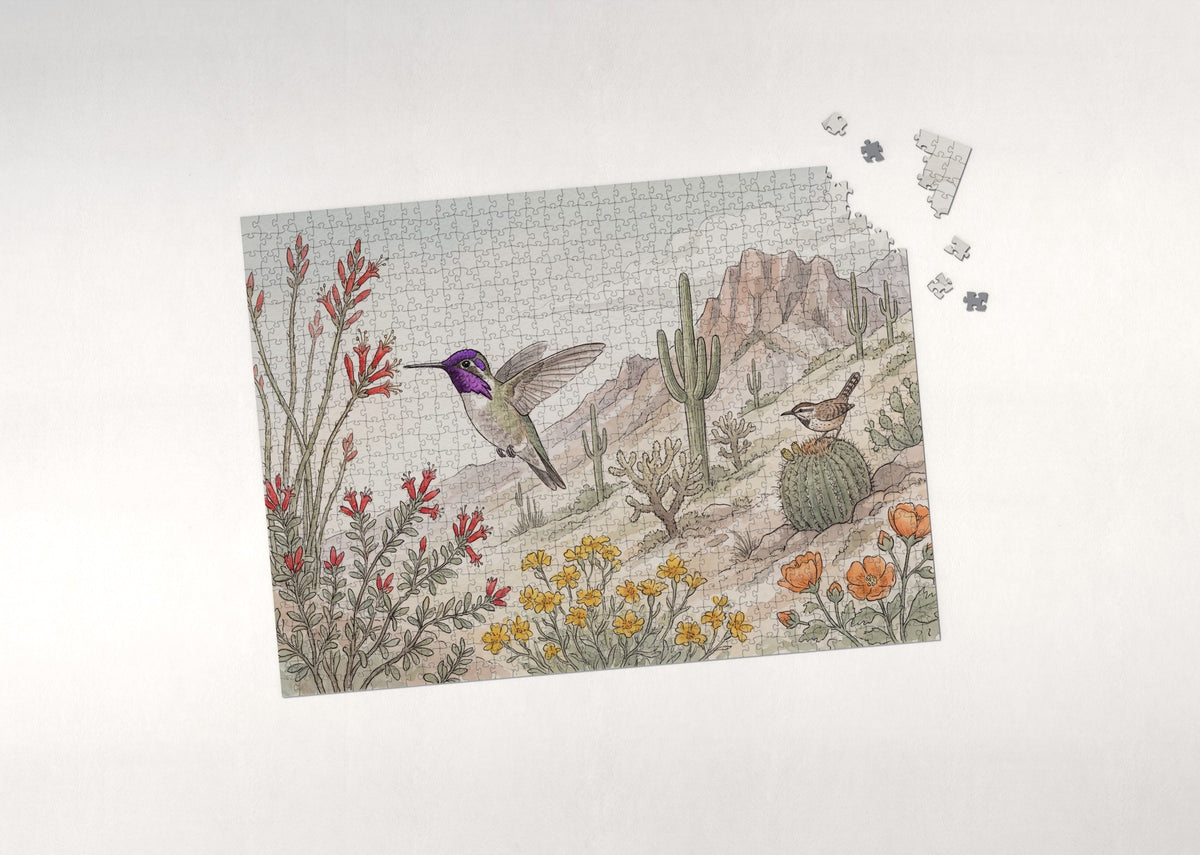 Hummingbird Over the Desert Bloom jigsaw puzzle - puzzle with loose pieces