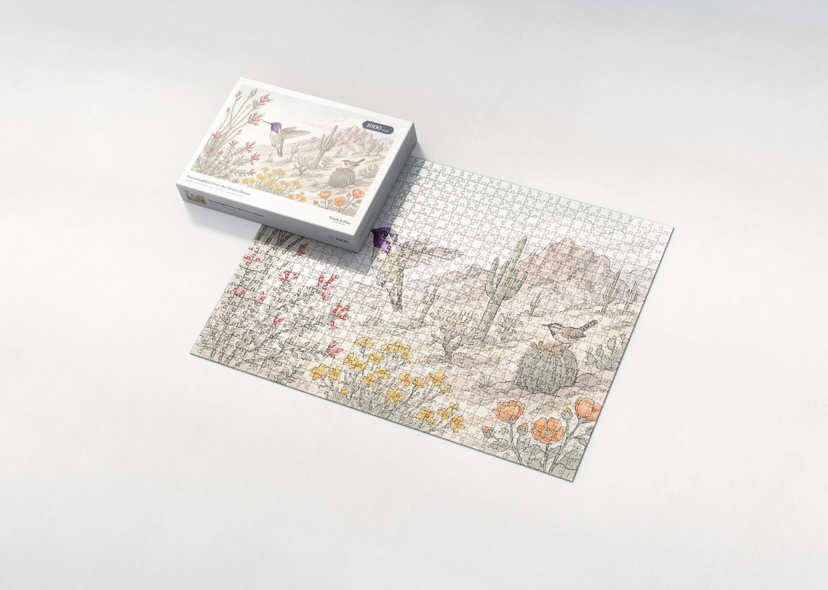 Hummingbird Over the Desert Bloom jigsaw puzzle - box and puzzle