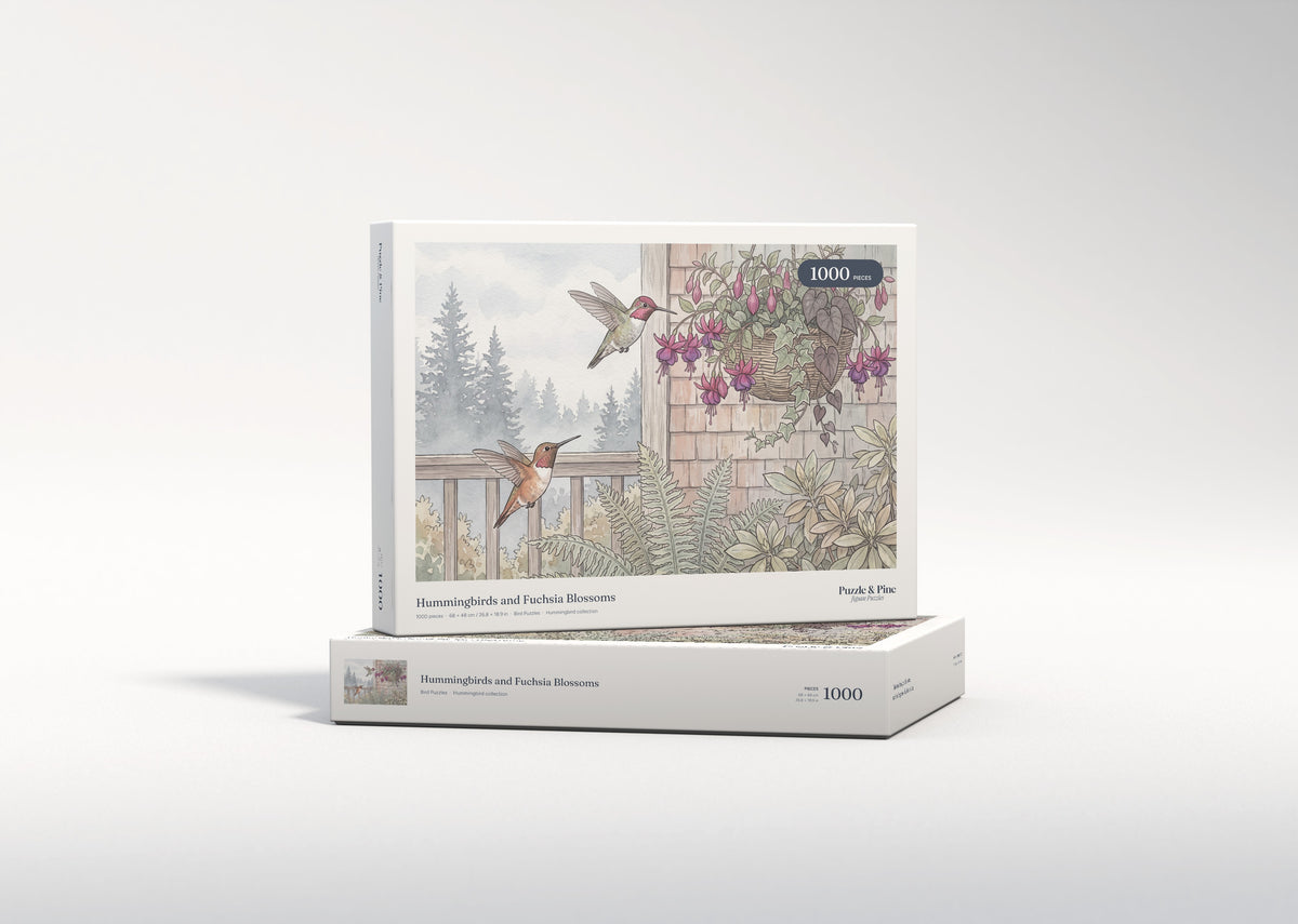 Hummingbirds and Fuchsia Blossoms jigsaw puzzle - gift box