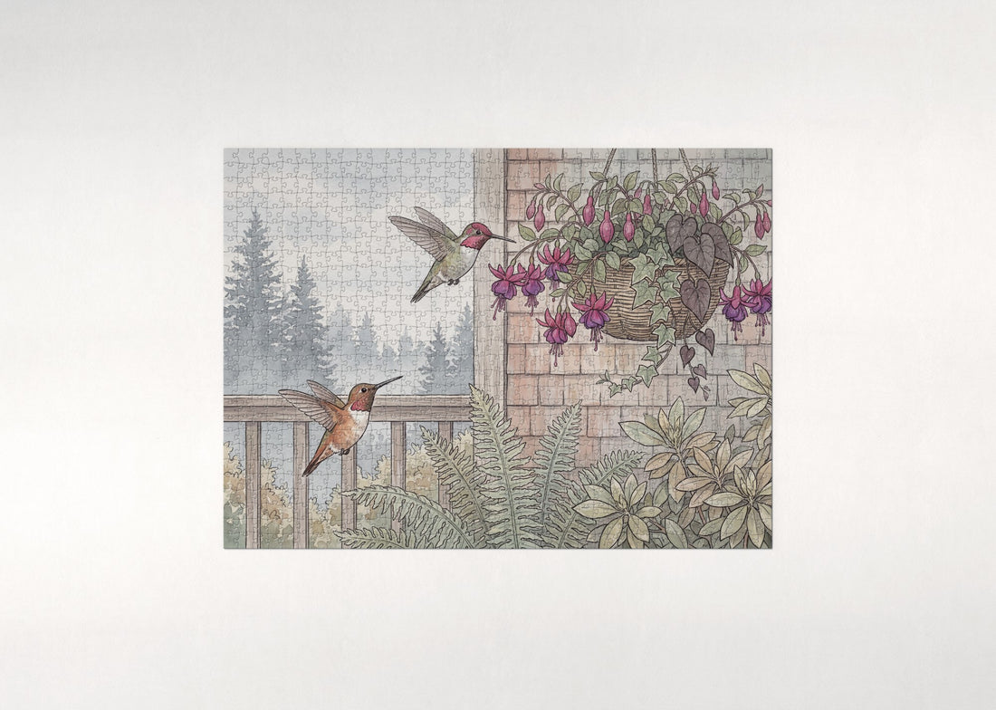 Hummingbirds and Fuchsia Blossoms jigsaw puzzle - gift box