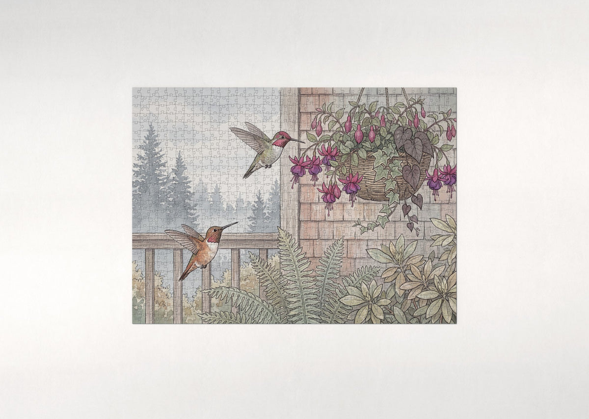 Hummingbirds and Fuchsia Blossoms jigsaw puzzle - flat puzzle