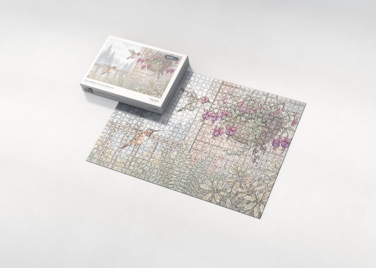 Hummingbirds and Fuchsia Blossoms jigsaw puzzle - box and puzzle