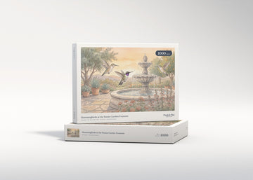 Hummingbirds at the Sunset Garden Fountain jigsaw puzzle - gift box