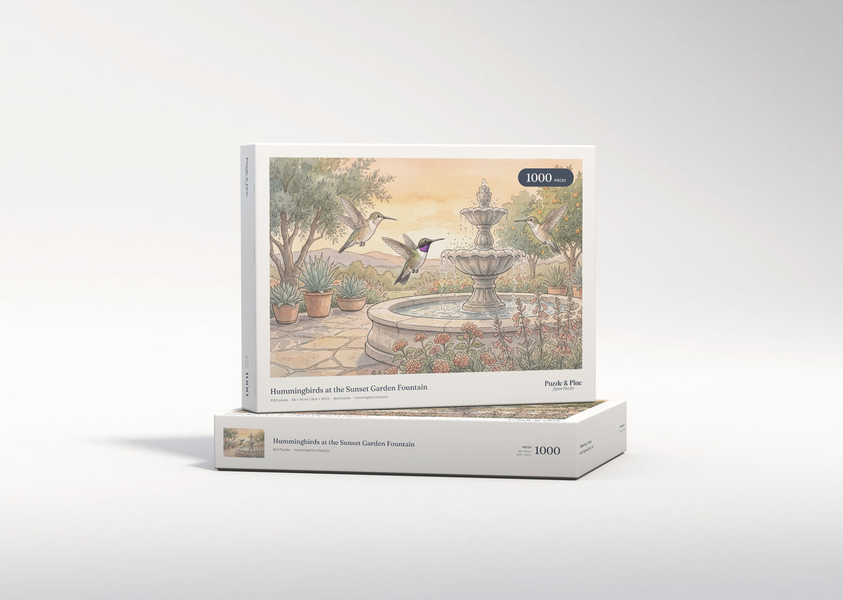 Hummingbirds at the Sunset Garden Fountain jigsaw puzzle - gift box
