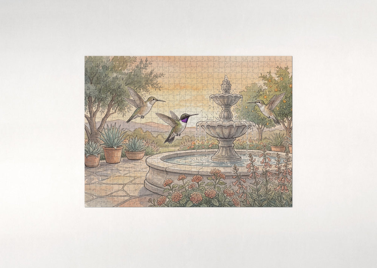 Hummingbirds at the Sunset Garden Fountain jigsaw puzzle - flat puzzle