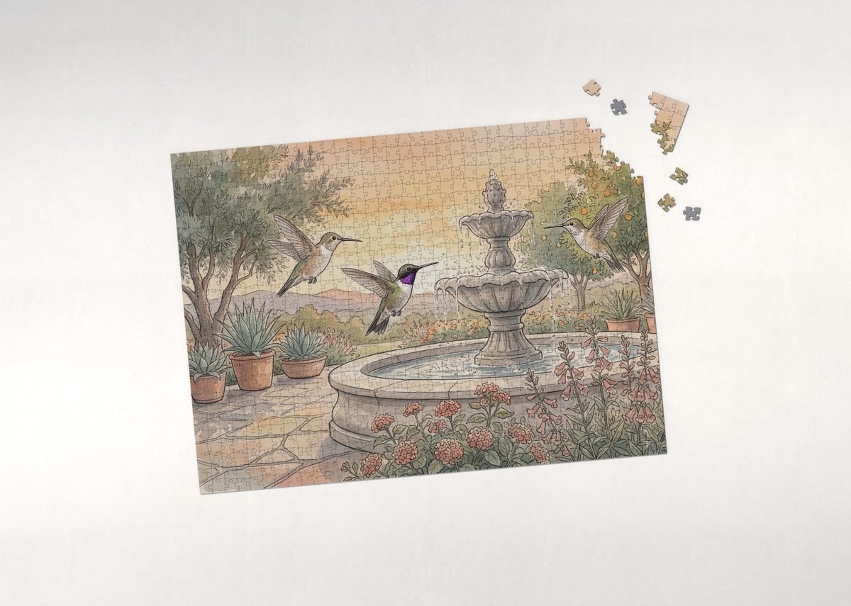 Hummingbirds at the Sunset Garden Fountain jigsaw puzzle - puzzle with loose pieces
