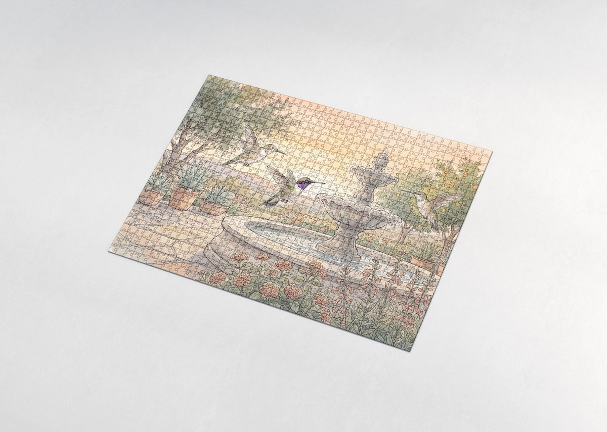 Hummingbirds at the Sunset Garden Fountain jigsaw puzzle - assembled puzzle