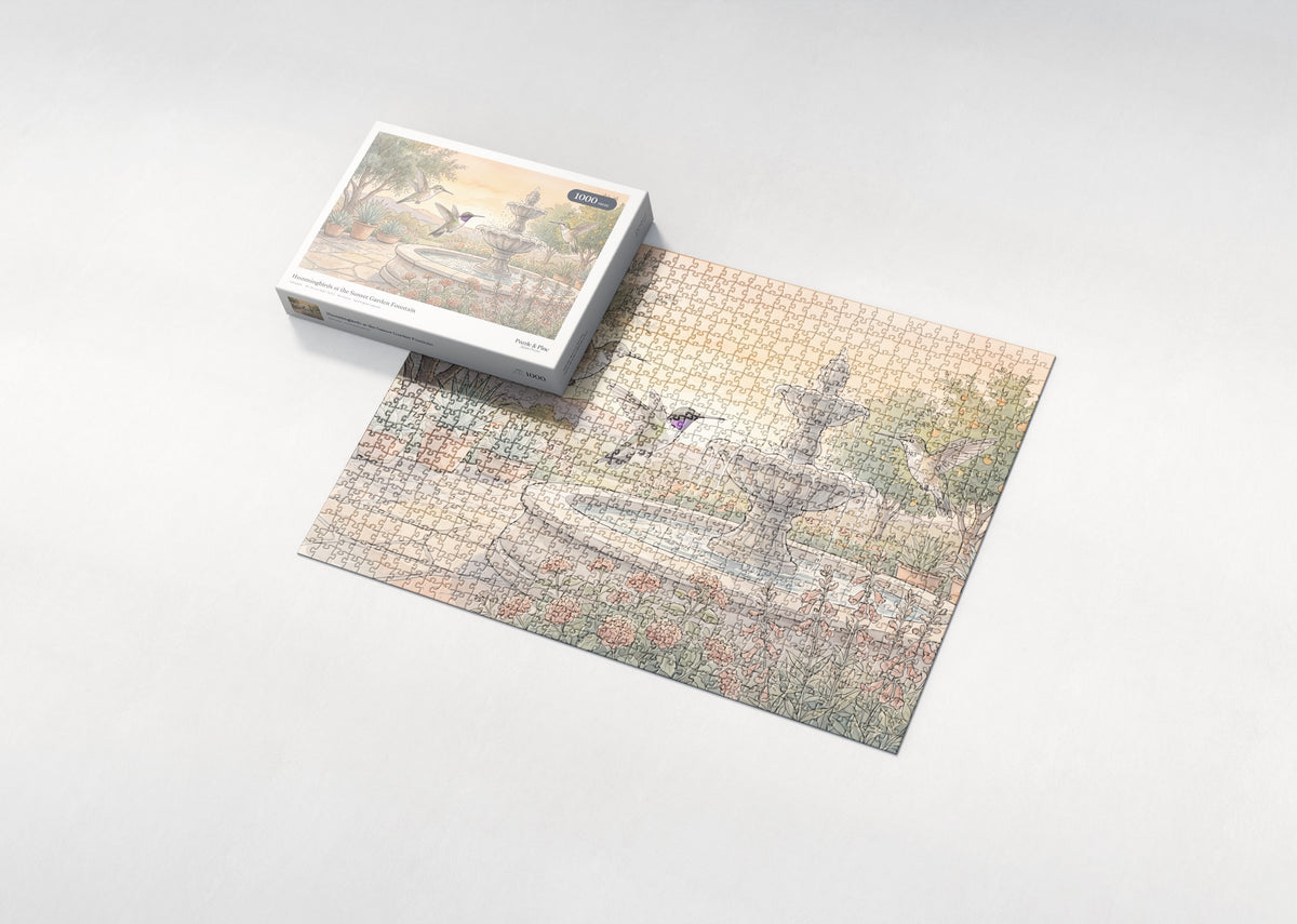Hummingbirds at the Sunset Garden Fountain jigsaw puzzle - box and puzzle