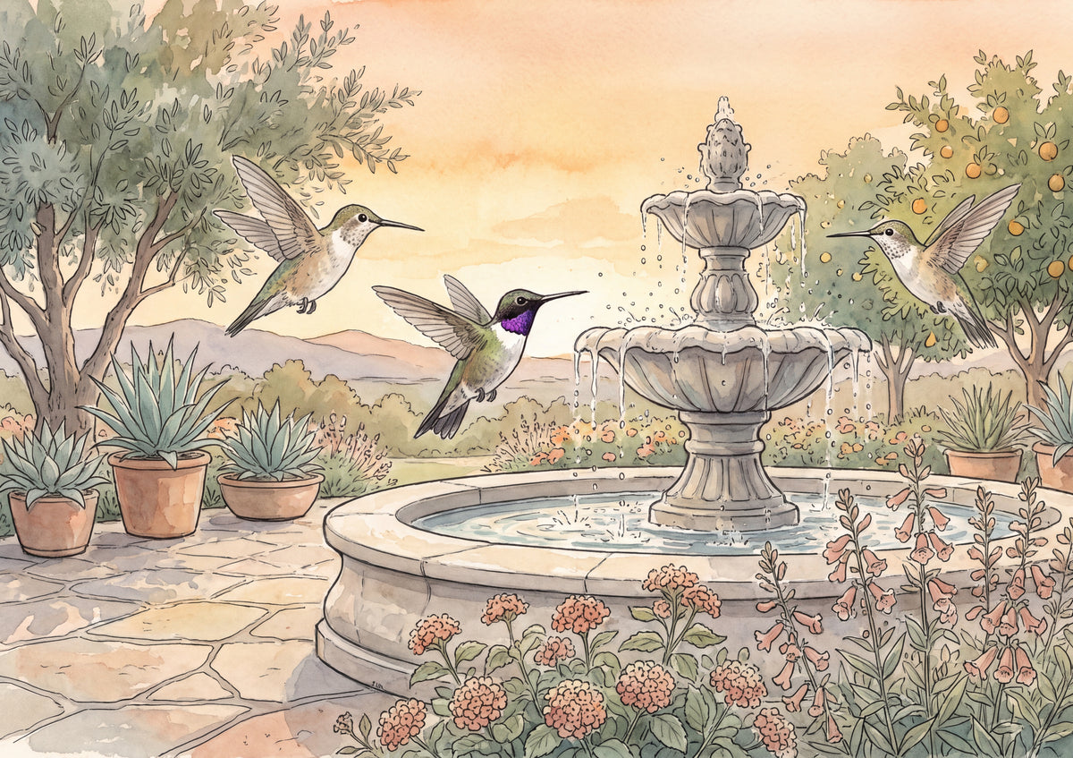 Hummingbirds at the Sunset Garden Fountain jigsaw puzzle
