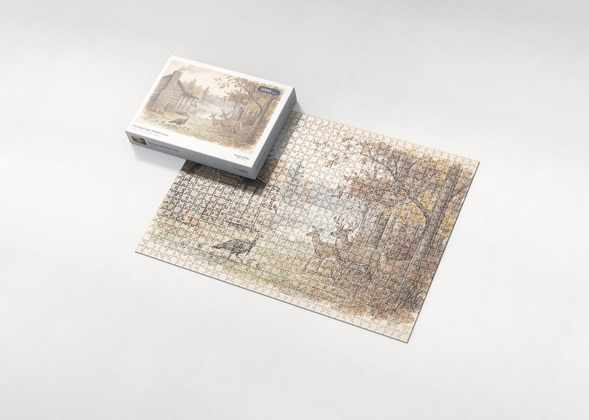 Hunting Lodge Wildlife Scene jigsaw puzzle - box and puzzle