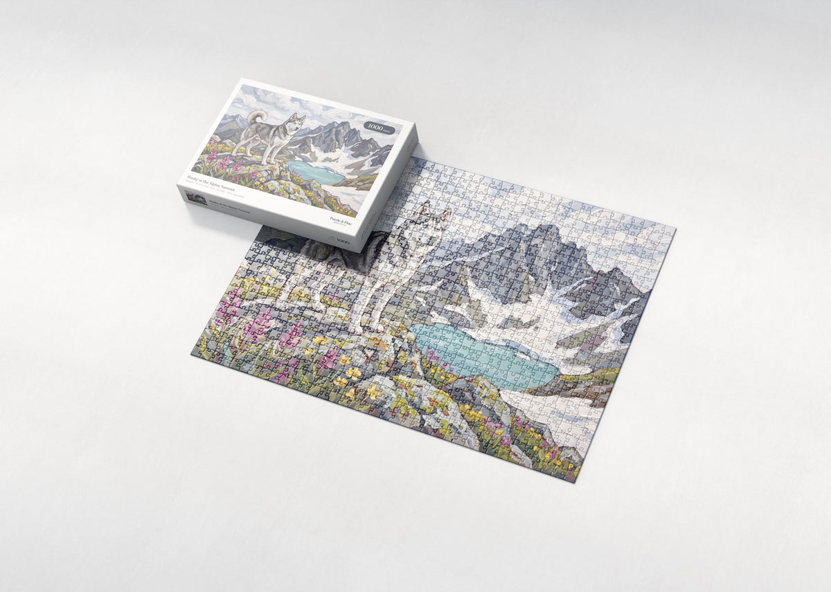 Husky at the Alpine Summit jigsaw puzzle - box and puzzle