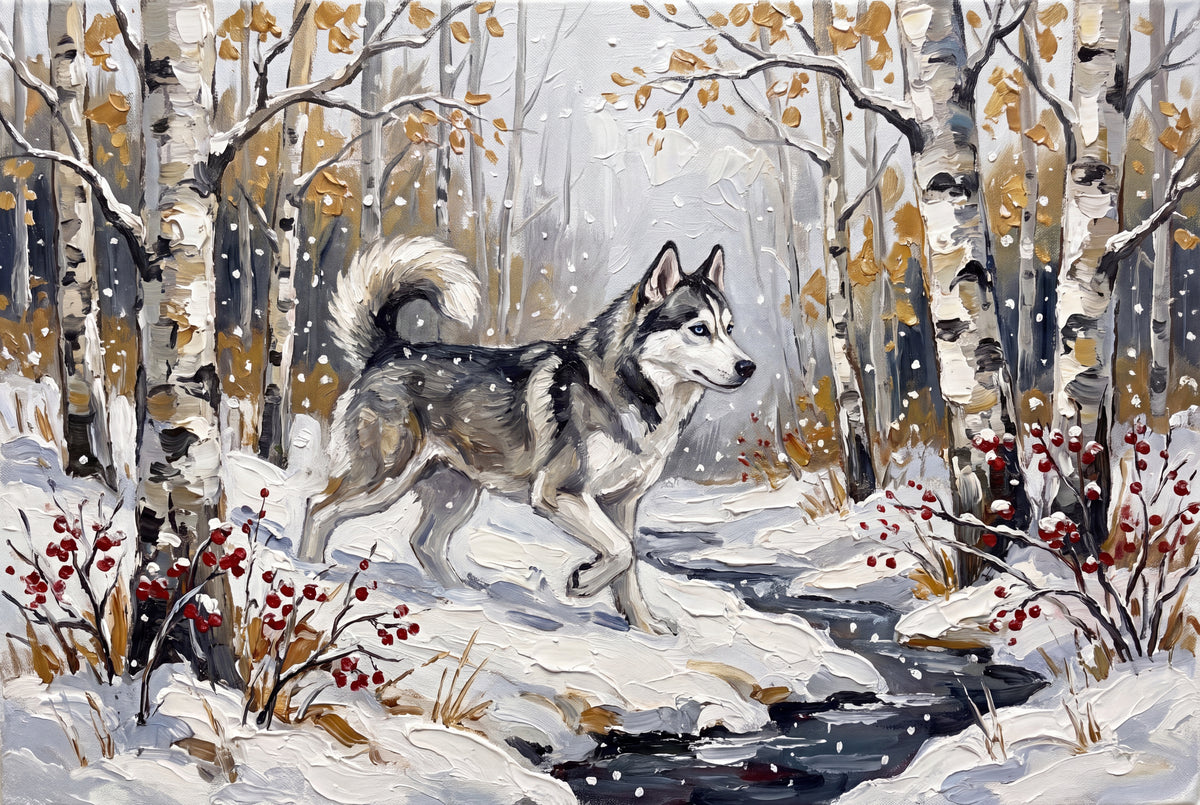 Husky in the Birch Forest First Snow jigsaw puzzle