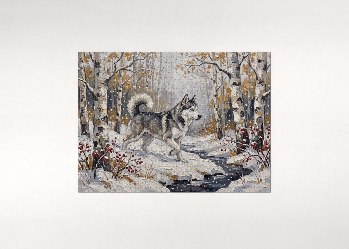 Husky in the Birch Forest First Snow jigsaw puzzle - flat puzzle