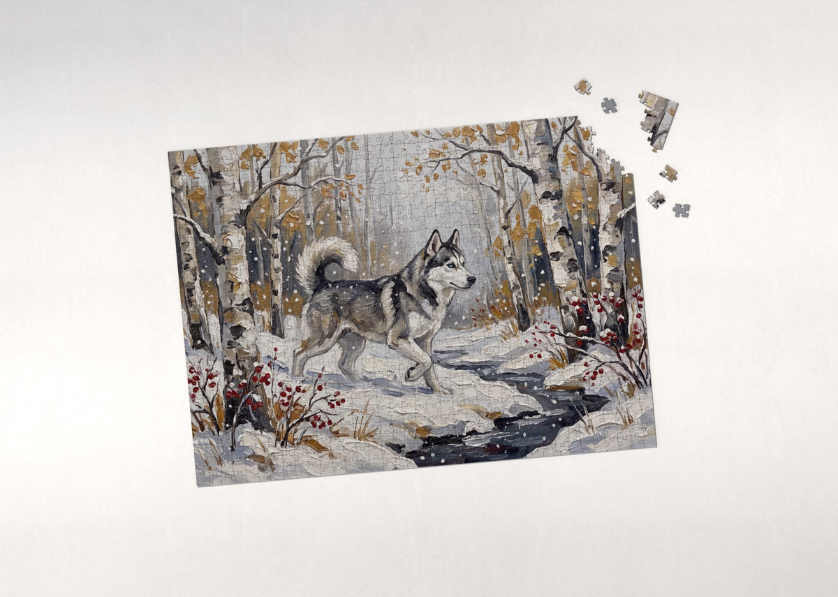 Husky in the Birch Forest First Snow jigsaw puzzle - puzzle with loose pieces