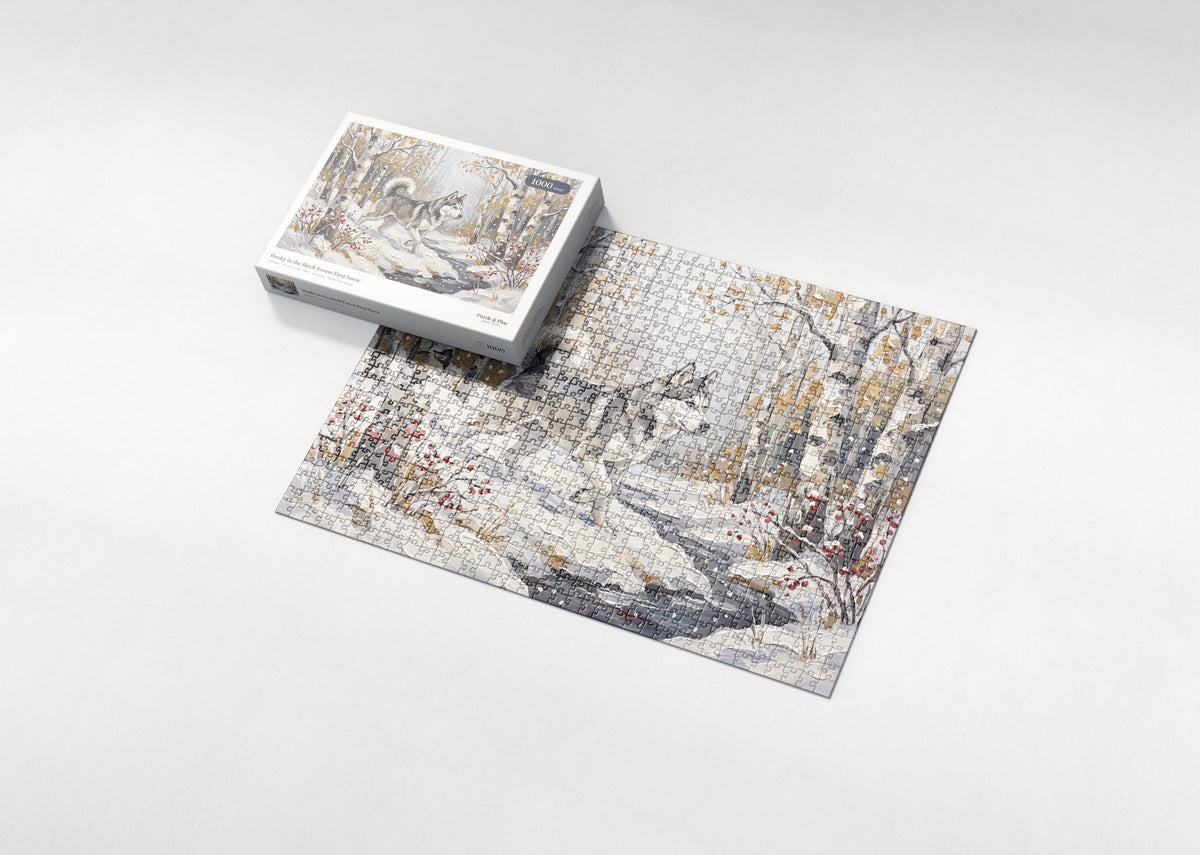 Husky in the Birch Forest First Snow jigsaw puzzle - box and puzzle