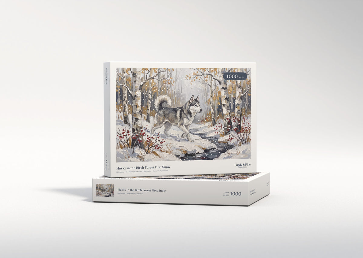 Husky in the Birch Forest First Snow jigsaw puzzle - gift box