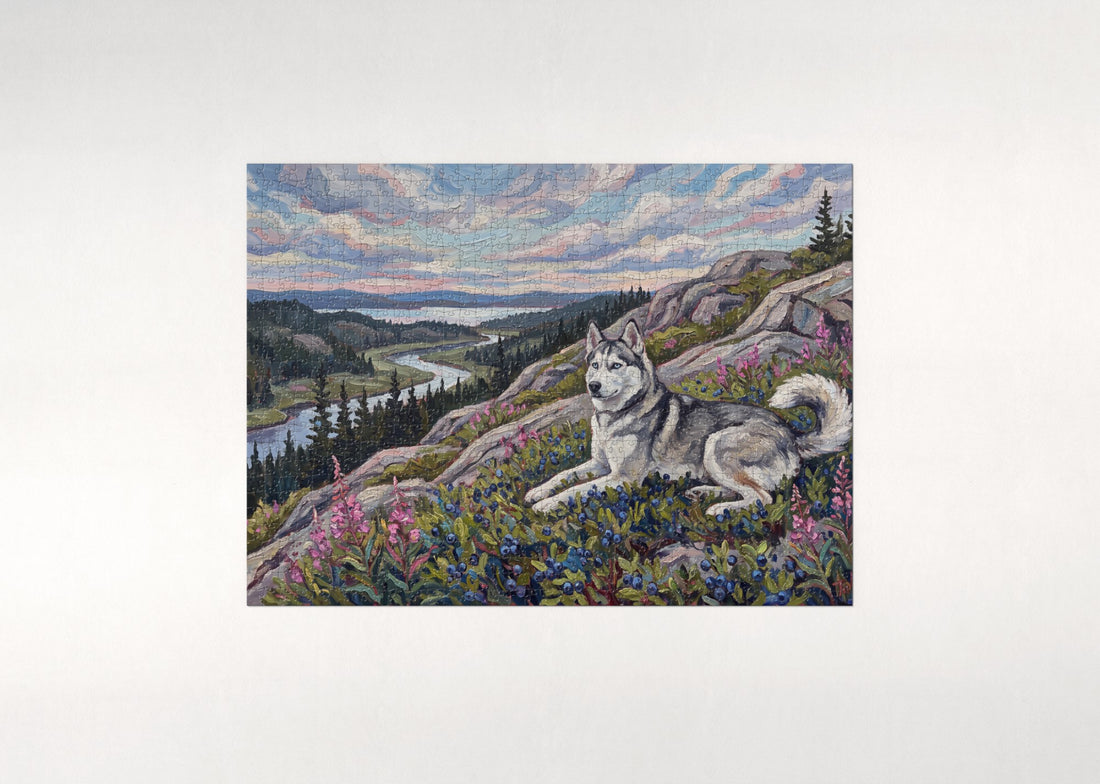 Husky on Blueberry Hill in Summer jigsaw puzzle - gift box